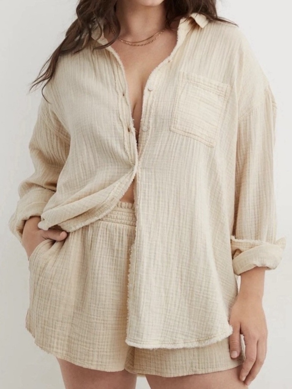 Aerie Pool-To-Party Beach Cover Up Long Sleeve Shirt & Matching Shorts Set